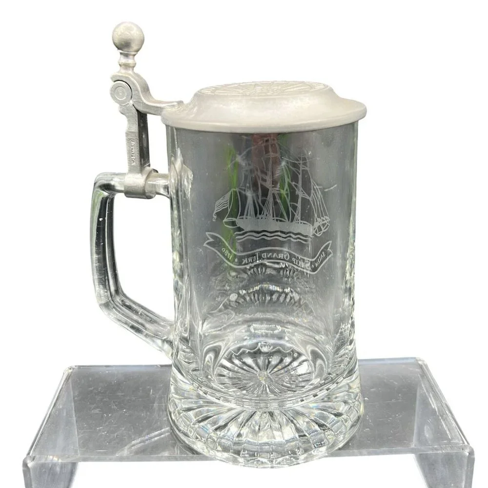 Vintage Old Spice Glass Beer Stein Pewter Lid Etched Sailboat By ALWE W-Germany